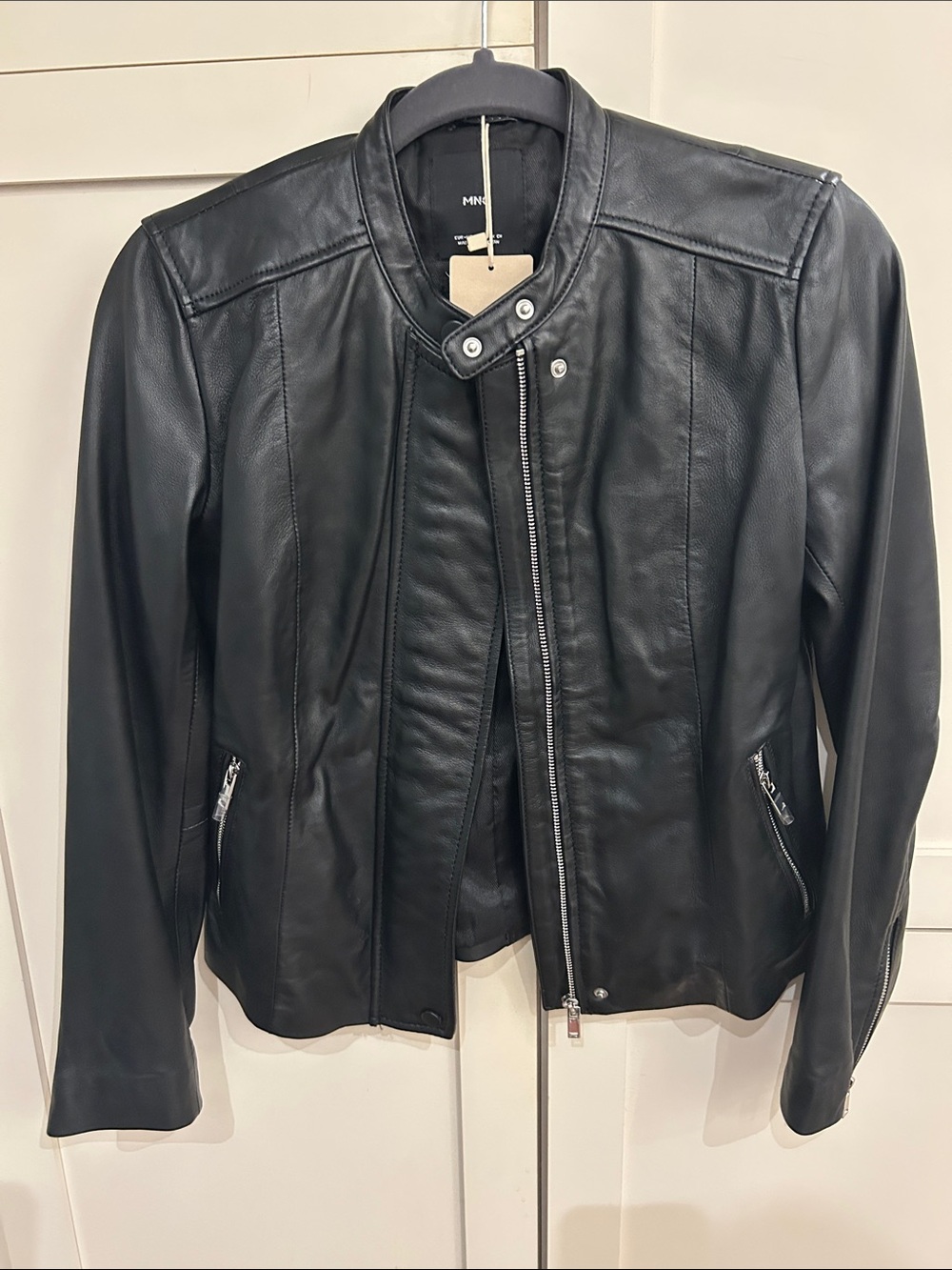 NWT Mango Black Leather Moto Jacket - Classic Women's Zip Front, size small